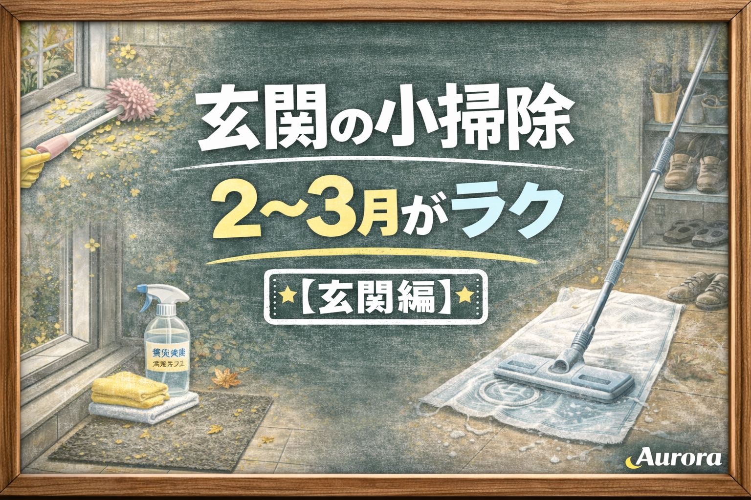 代替テキスト 黒板風の背景に「玄関の小掃除 2〜3月がラク」と書かれ、【玄関編】のスタンプと玄関掃除、花粉対策、濡れたペットシーツをイメージしたモチーフを配置したAuroraの掃除記事用アイキャッチ画像