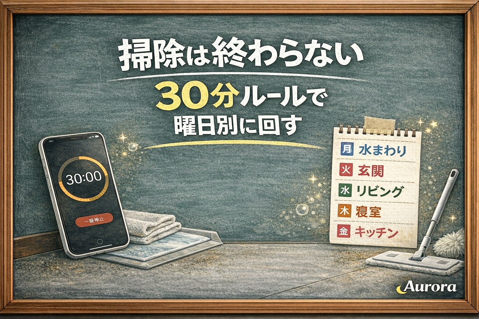 木枠付き黒板をベースにしたAurora用アイキャッチ。中央付近に「掃除は終わらない 30分ルールで 曜日別に回す」の白いチョーク風文字があり、控えめにスマホのタイマーや掃除道具のモチーフが添えられている。右下にAuroraロゴ入り。誠実で実用的な掃除記事らしい雰囲気。