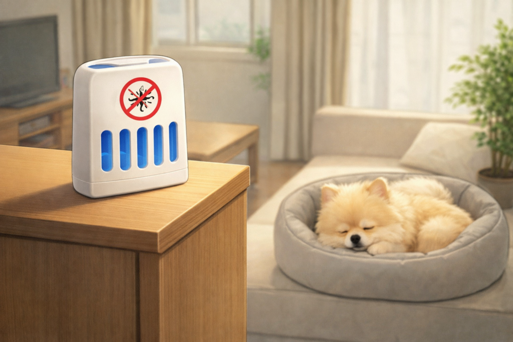 リビングの高い棚の上に置かれた置き型の虫除け剤と、床の犬用ベッドで眠るポメラニアンのイラスト。犬の手が届かない位置に設置している様子を示している。