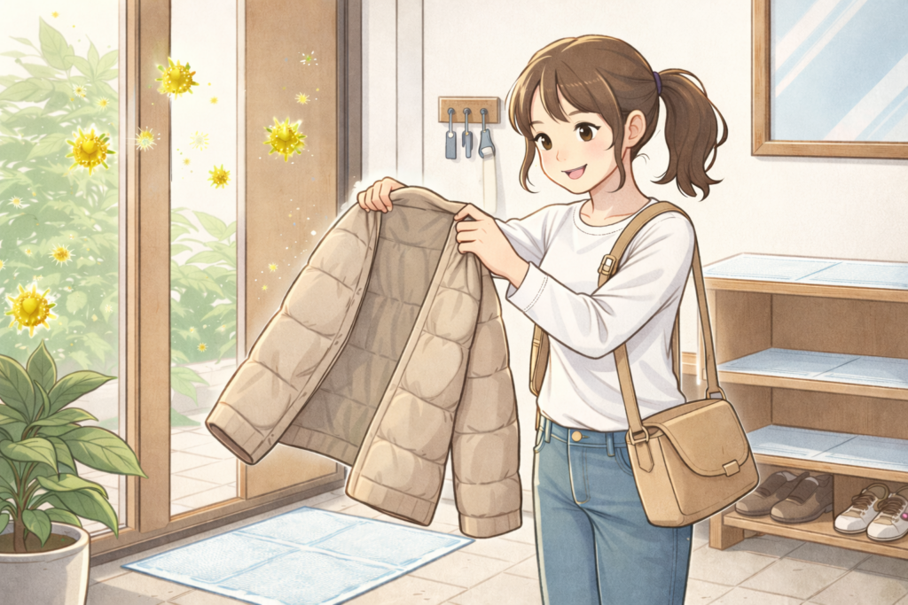 玄関で上着を脱いで花粉を室内に持ち込まないようにしている様子のイラスト。女性が玄関先でコートを脱ぎ、土間と棚の上にはペット用シーツが敷かれている。棚の中は最下段に靴のみが置かれ、他の段には何も置かれていない。外から黄色い花粉が舞っている様子も描かれている。