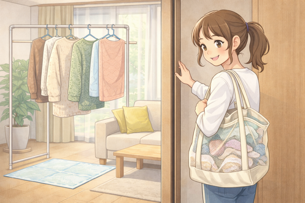 リビングで乾燥機にかけられない衣類を室内干しし、それ以外の洗濯物をランドリーバッグに入れて部屋から出ようとしている女性のイラスト。室内には物干しラックに掛けられた衣類があり、女性は洗濯物の入ったメッシュタイプのランドリーバッグを肩にかけ、ドアの方へ向かっている。
