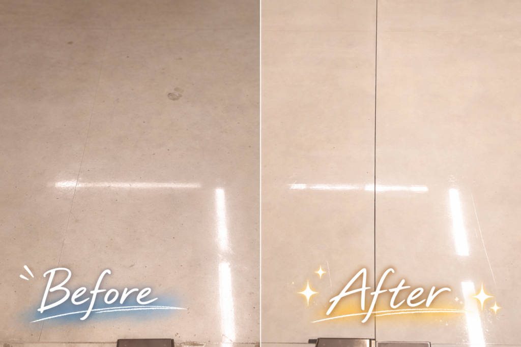 職場のタイル床を左右で比較したビフォーアフター写真。左半分は黒ずみやくすみが目立つ状態、右半分は清掃後で光が反射するほど明るくツヤが出ている様子が写っている。