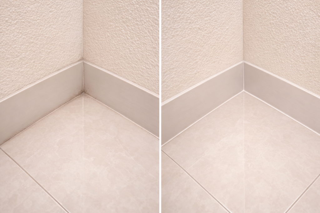 床と壁の角部分を左右で比較したイラスト。左は壁際と床の境目にうっすら汚れが残っており、右は角や立ち上がり部分まできれいに整っている様子。