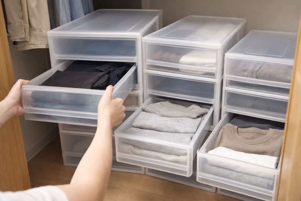 クローゼット内に並んだ衣装ケースの引き出しを入れ替えている様子。いくつかの引き出しが引き抜かれ、中には長袖シャツやズボンが整然と収納されている写真。