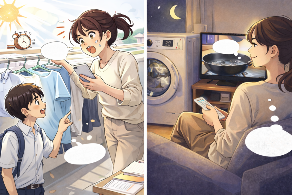 左右に分割されたイラスト。左は朝のベランダで、洗濯物を干しながらスマートフォンも確認している母親に、中学生くらいの子どもが話しかけて手が止まっている様子。右は夜のリビングで、洗濯機を回している間にソファに座りテレビを見ながらくつろいでいる母親の様子。