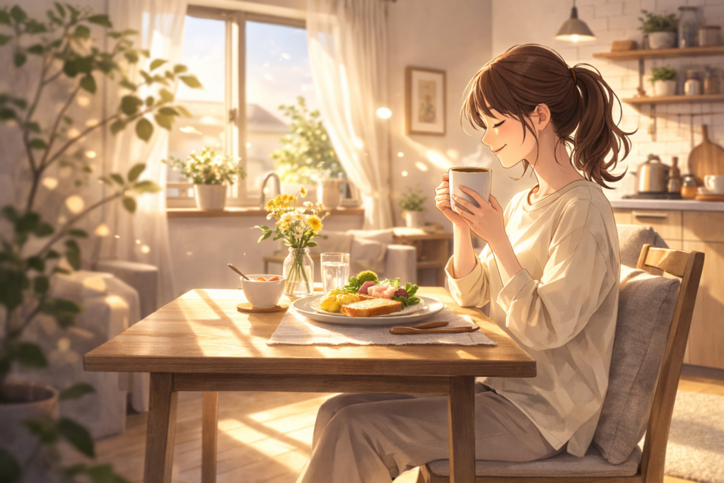 朝の光が差し込むリビングダイニングで、女性が一人テーブルに座り、コーヒーを両手で持ちながら朝食をゆっくり楽しんでいる様子。木製テーブルの上にはトーストやサラダが並び、落ち着いた穏やかな雰囲気が広がっている。