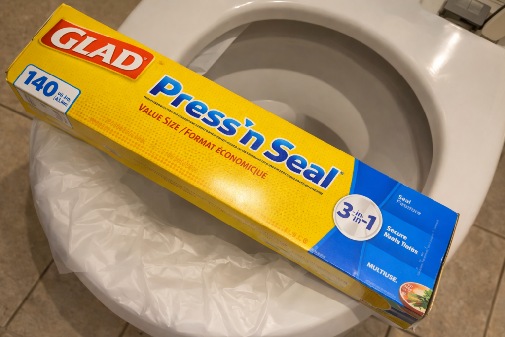 トイレの便座の上に、黄色と青のパッケージのラップ（Press’n Seal）の箱が斜めに置かれている様子。便座には白いシートがかかっており、床はベージュ系のタイルになっている。
