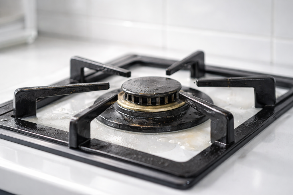白を基調とした清潔感のあるキッチンで、黒い五徳の表面にうっすらと油のツヤが見える様子。油は垂れておらず、表面が少しだけしっとりと光っている程度で、気温が高く油がゆるんでいることを感じさせる状態。