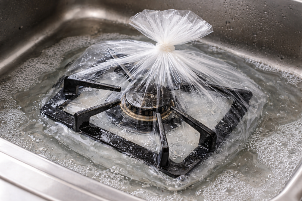 ステンレス製のシンクの中で、透明なビニール袋に密閉された黒い五徳が、洗剤入りの水に浸け置きされている様子。袋の口はしっかり結ばれ、周囲には細かな泡が浮いている。