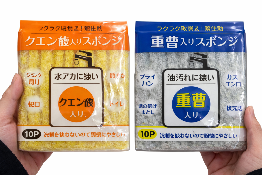 両手で持った2種類のキッチン用スポンジのパッケージ。左はオレンジ色の「クエン酸入りスポンジ」、右は青色の「重曹入りスポンジ」で、それぞれ透明の袋越しに黄色とグレーのスポンジが見えている。