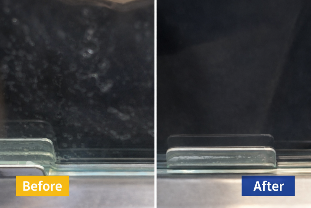 左右に分かれたガラス面のビフォーアフター比較写真。左は水滴や白い汚れが付着して曇っている状態、右は同じ位置のガラスが透明感を取り戻し、汚れがなくなっている様子。