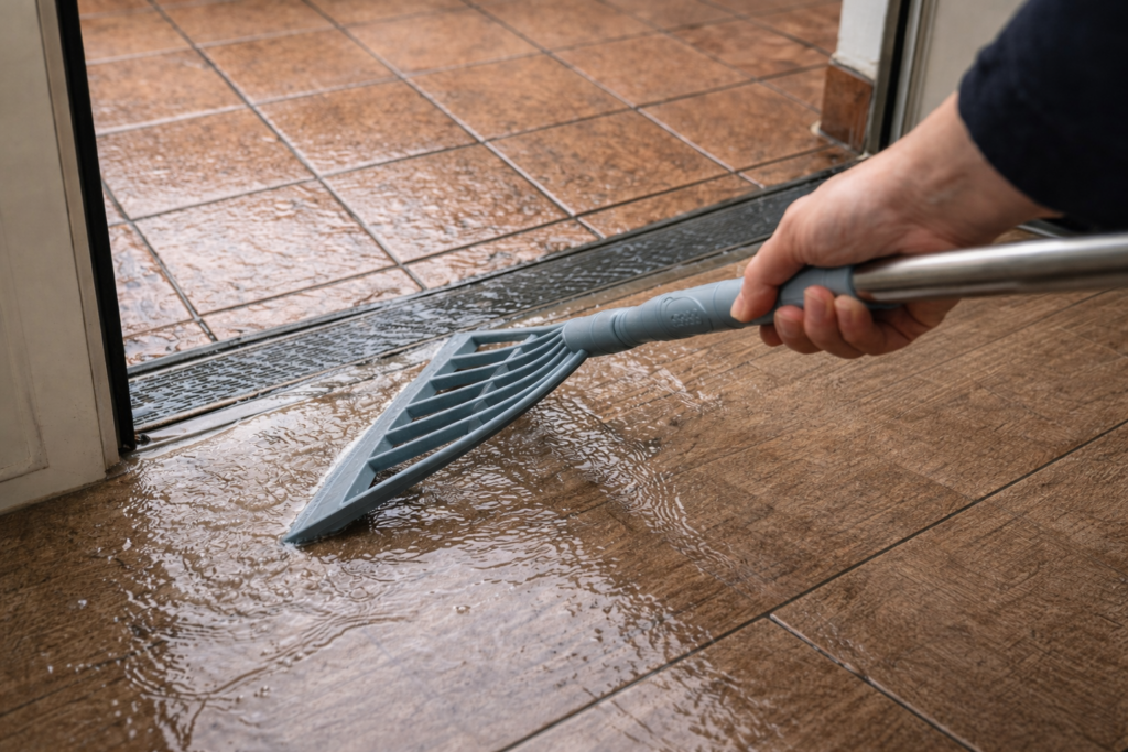 戸建ての玄関内の床に撒いた水を、グレーのシリコンほうきで外へとかき出している手元の様子。泡立ちはなく、濡れた床面に水が広がり、玄関の段差部分へ向かって押し出されている。