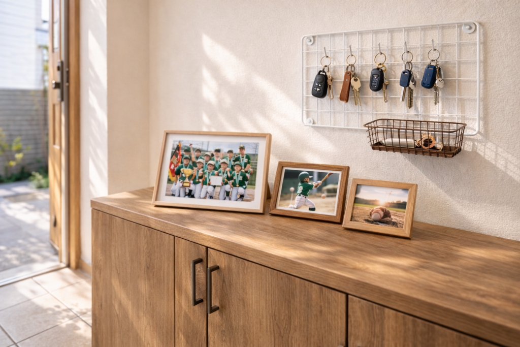 明るい日差しが差し込む戸建ての玄関。木目調の下駄箱の上に、緑のユニフォーム姿で金メダルをかけた野球少年たちの優勝集合写真と、野球のプレー写真2枚が並んでいる。壁にはワイヤーネットが設置され、家族4人分の家や自転車、物置の鍵が吊り下げられ、下部には鍵の落下を防ぐ受け皿が取り付けられている。