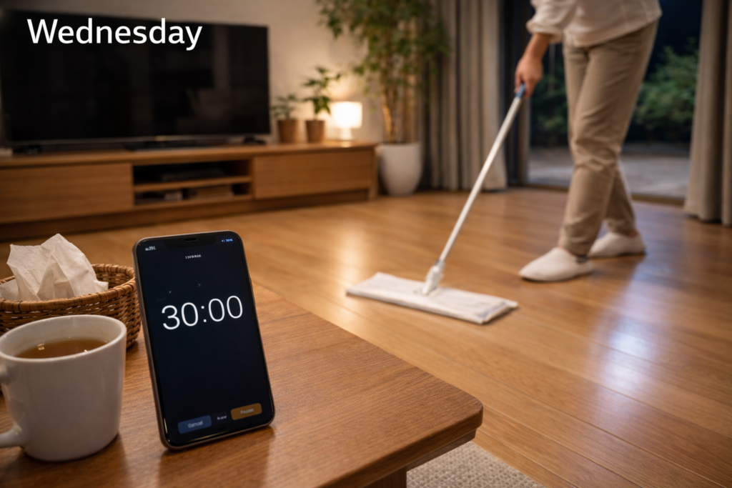 夜のリビングで水拭き掃除をしている様子。手前のテーブルには30分タイマーを表示したスマートフォンが置かれ、左上には「Wednesday」の文字が表示されている。奥ではフローリングをフロアワイパーで拭いている場面が写っている。