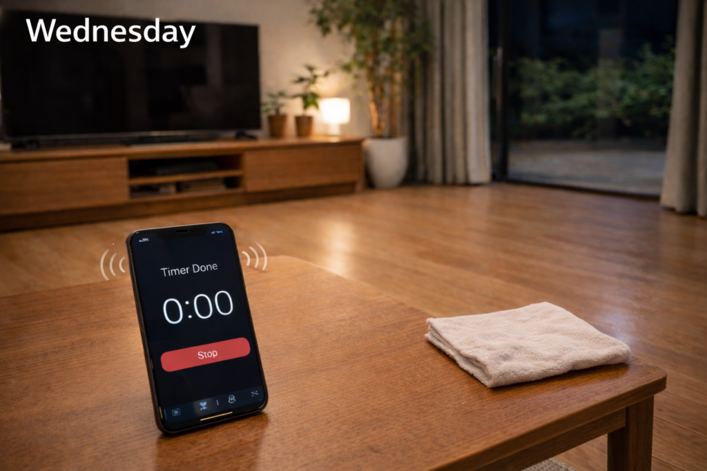 木製のテーブルの上に、30分タイマーが0:00で終了表示になっているスマートフォンと、少し離して置かれた折りたたみの白いクロスが並んでいる様子。夜のリビングで、掃除の手を止めたことが伝わる静かな場面。