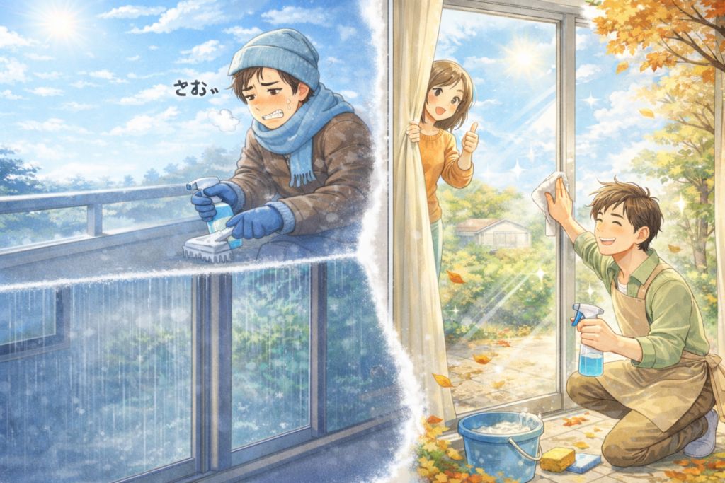 冬と秋の窓掃除を対比したイラスト。左側は晴れているが寒い冬の日、帽子とマフラーを着けた男性がベランダで震えながら窓を掃除している様子。右側は暖かい秋の日差しの中、男性が笑顔で窓を拭き、室内から女性が親指を立てて見守っている。