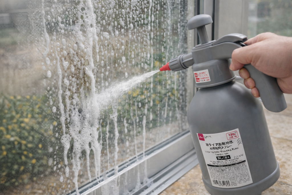 加圧式噴霧器に入れたお湯と洗剤液を、窓の外側に上から下へ噴射している様子。ガラス面には泡立った洗浄液が流れ落ち、汚れをふやかしている。