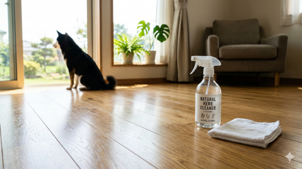 愛犬が直接触れたり舐めたりする床を低いアングルから確認している視点のビジュアル