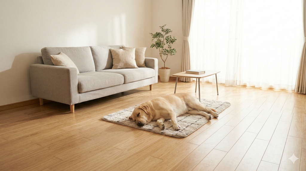 安心できる洗剤でお掃除された、清潔で明るいリビングでスヤスヤと眠る犬