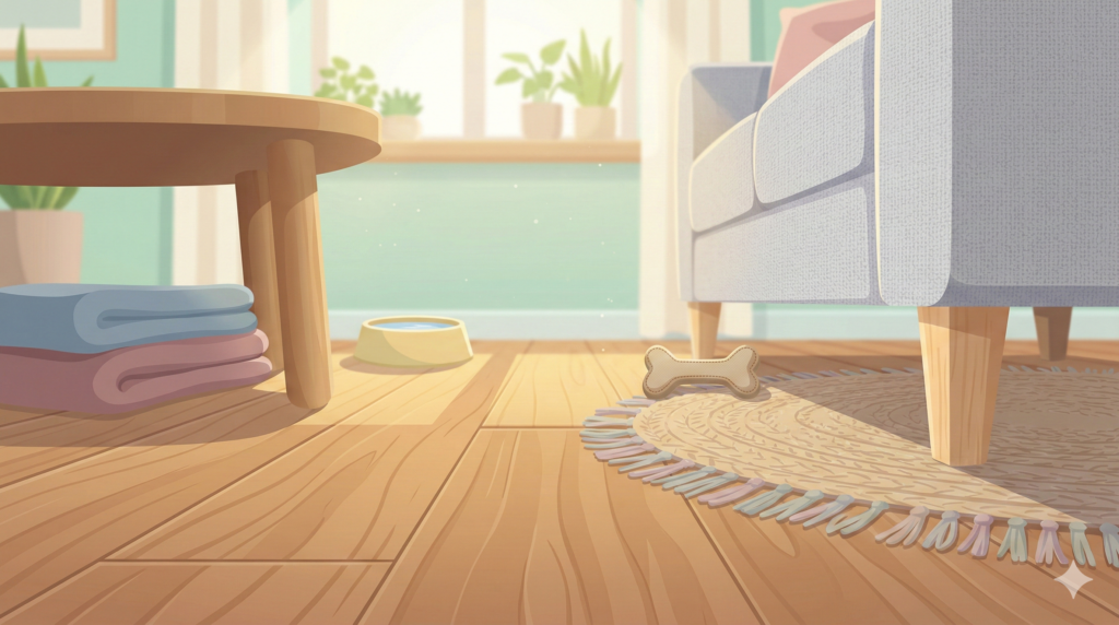 犬の低い目線から見たリビングの床とソファ