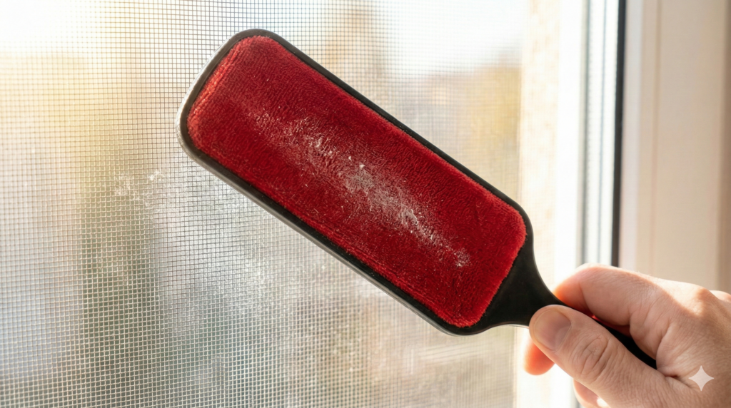 赤いベルベット素材のハンディブラシで、窓の網戸を掃除している様子。右手で黒い持ち手を握り、網目に沿ってブラシを当てている。