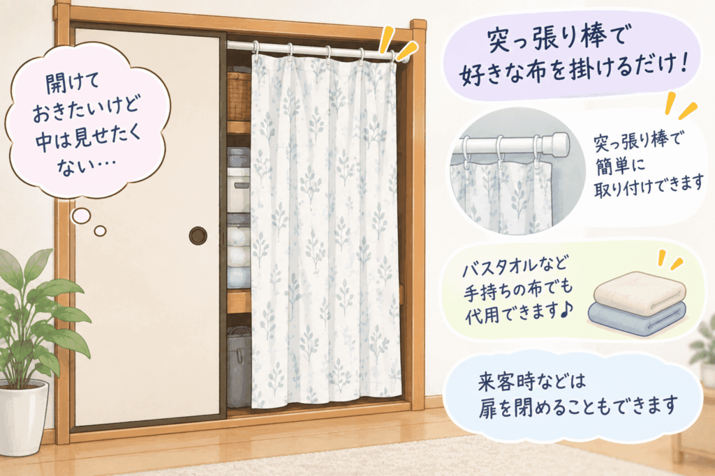 片側だけ開けた押し入れの扉を突っ張り棒と布で目隠ししている様子