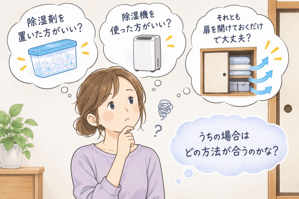 押し入れの湿気対策について悩む女性。除湿剤や除湿機、押し入れの扉を開けておく方法を比較している様子。
