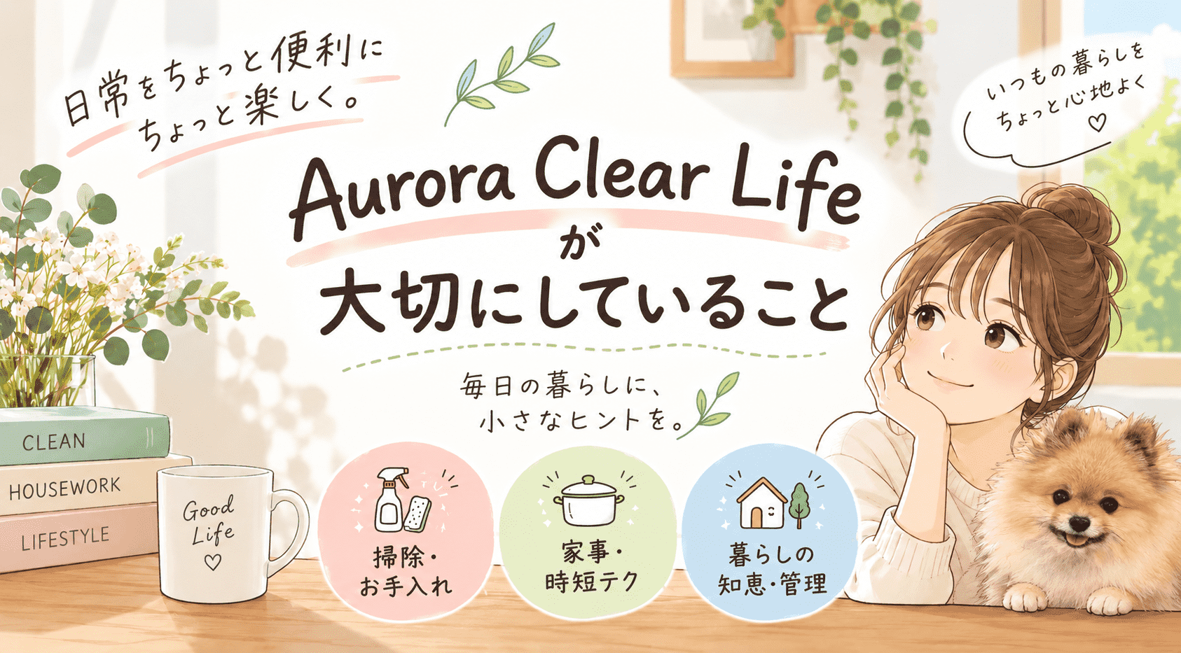 Aurora Clear Lifeが大切にしていることを紹介するアイキャッチ。掃除・お手入れ、家事・時短テク、暮らしの知恵・管理の3カテゴリーと、愛犬と暮らす明るくやさしい日常を描いたイラスト。