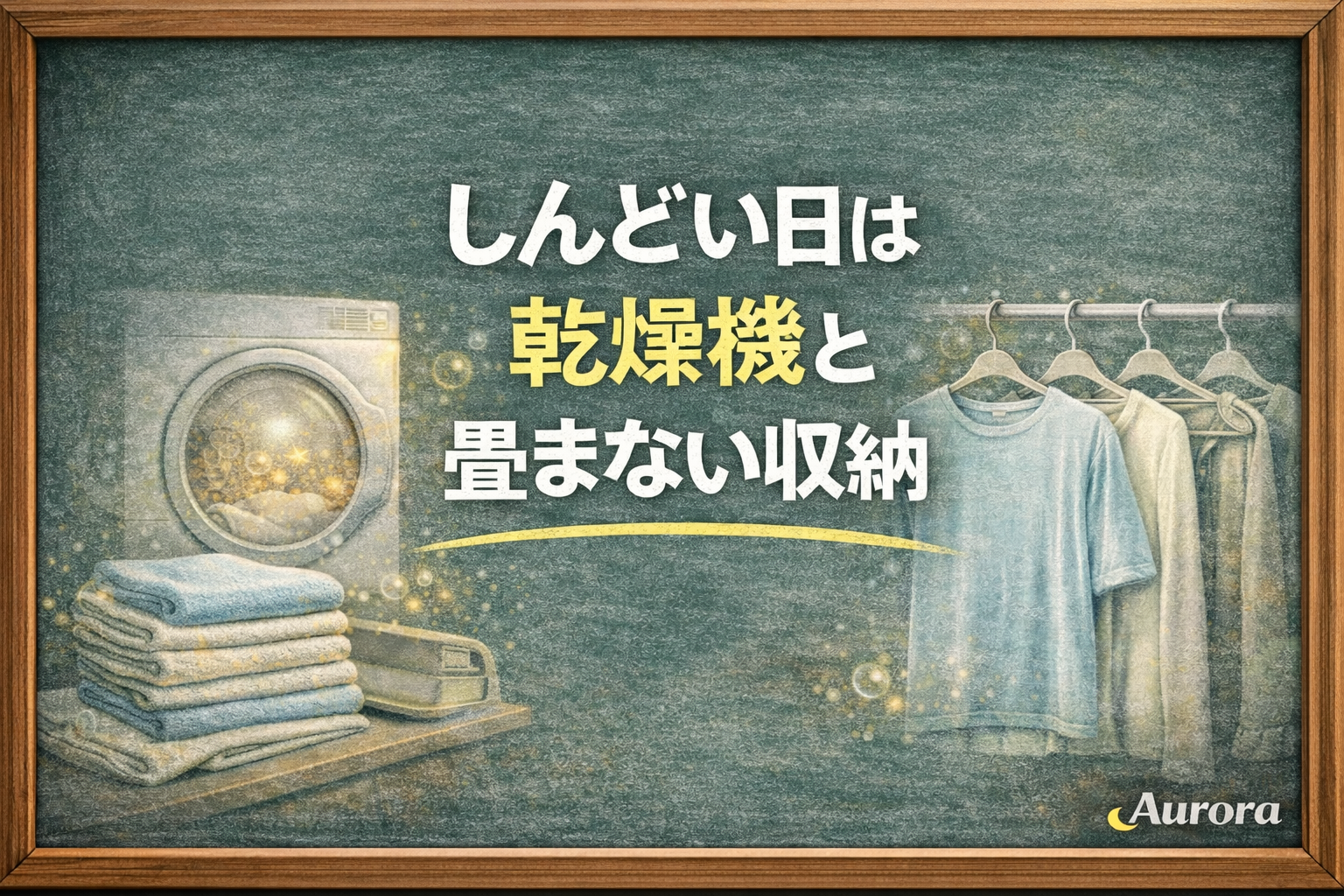 木枠付き黒板をベースにしたAurora用アイキャッチ。中央付近に「しんどい日は 乾燥機と 畳まない収納」の白い文字が配置され、控えめに洗濯ハンガーや洗濯物、収納を連想させるモチーフが添えられている。黒板枠は共通デザインで、家事カテゴリらしいやわらかい雰囲気。右下にAuroraロゴ入り。