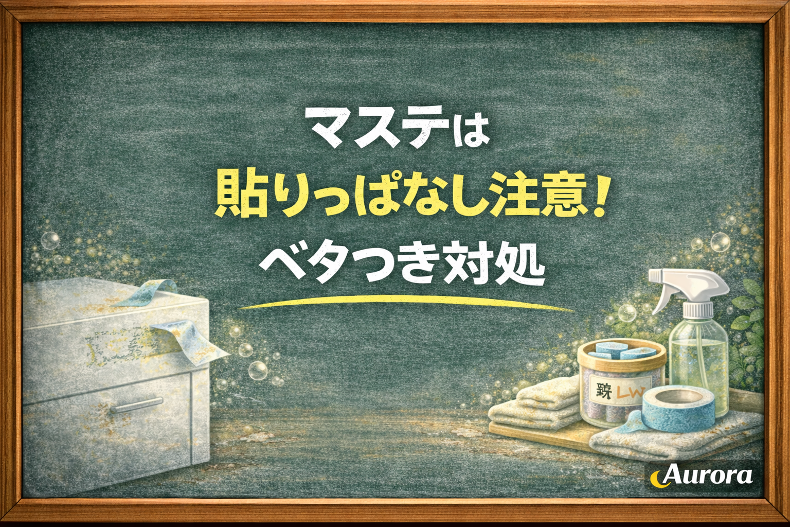 木枠付き黒板をベースにしたAurora用アイキャッチ。中央付近に「マステは　貼りっぱなし注意　ベタつき対処」の白い文字が配置され、白い収納ボックスや少しめくれたマスキングテープ、うっすら残る粘着跡を連想させる控えめなモチーフが添えられている。掃除カテゴリらしい実用的で落ち着いた雰囲気で、右下にAuroraロゴ入り。