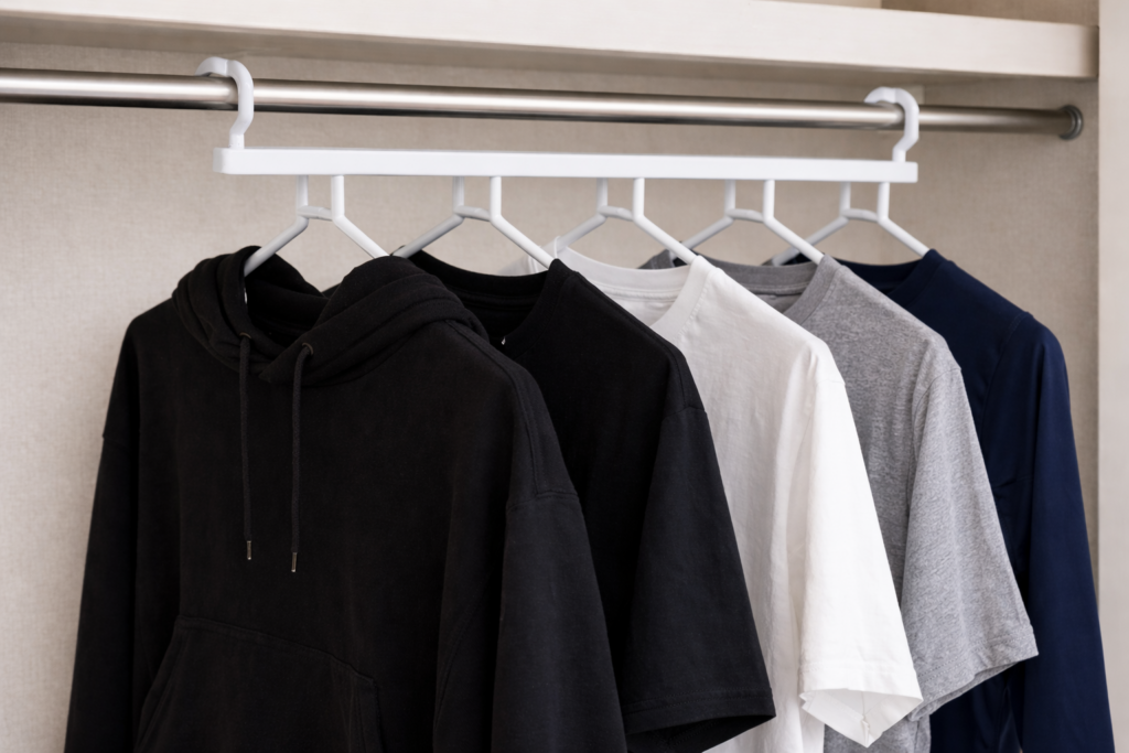 クローゼット内のポールに、左右2か所のフックで掛けられた白い5連ハンガー。5本すべてに衣類が掛かっており、黒いパーカー、黒Tシャツ、白Tシャツ、グレーTシャツ、ネイビーのアンダーシャツが並んでいる。