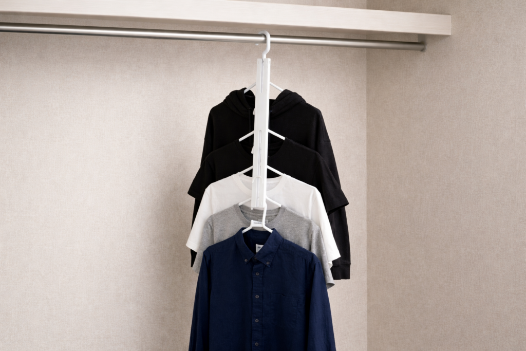 クローゼットを正面から見た様子。ポールに縦向きで掛けられた白い5連ハンガーに、上から黒パーカー、黒Tシャツ、白Tシャツ、グレーTシャツ、ネイビーのシャツの順で段違いに掛かっており、横幅が1本分にまとまっている。