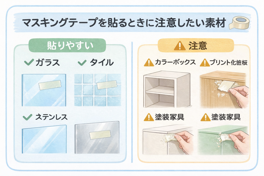 マスキングテープを貼りやすい素材（ガラス・タイル・ステンレス）と、注意が必要な素材（カラーボックス・プリント化粧板・塗装家具）を比較した図