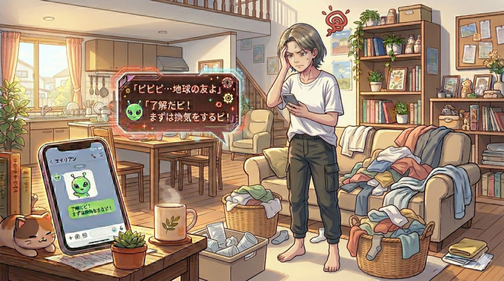 「家事に追われ散らかった部屋で、 alienの能天気な『まずは換気をして』というスマホメッセージを見てイラつく女性のイラスト」