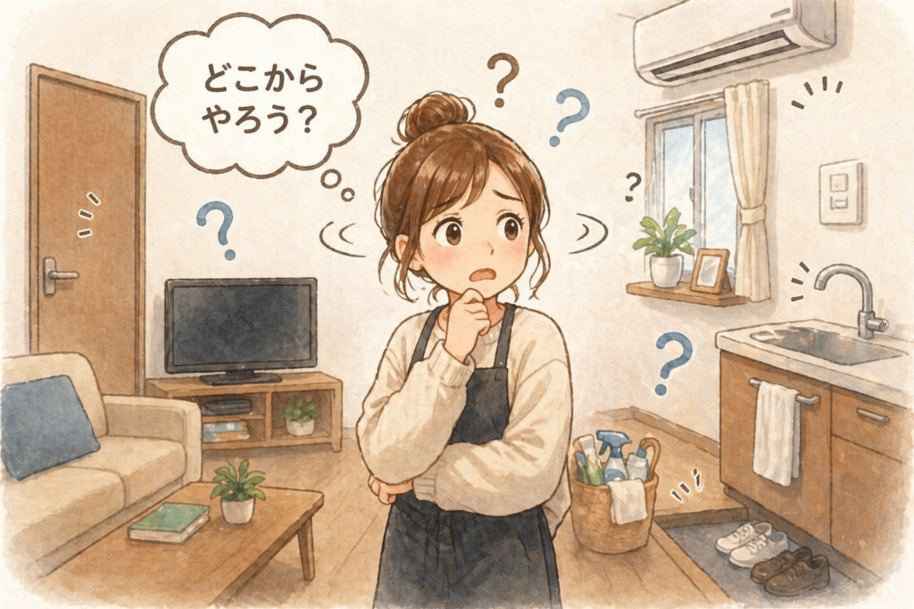 困ってキョロキョロしている女性のイラスト。吹き出しに「どこからやろう？」と表示され、掃除を始める前の迷いを表現している。