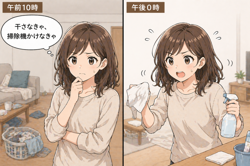 時間がなくて家事を後回しにする状態と、後からまとめて掃除している様子のアイキャッチ画像