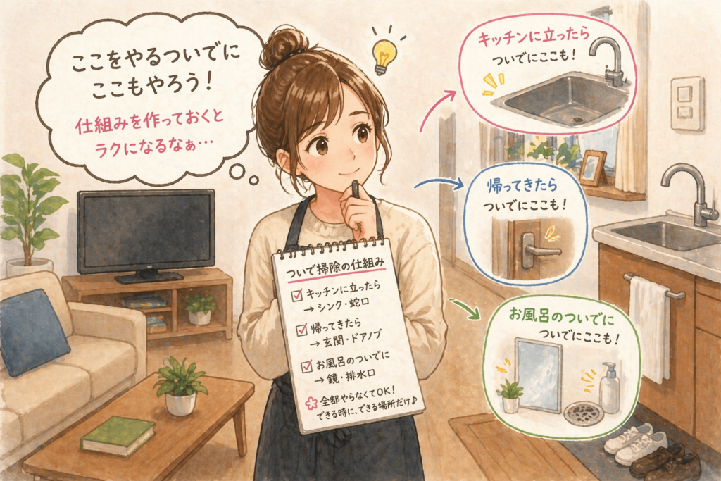 考えながら掃除している女性。ここをやるついでに別の場所も掃除しようと、効率よく動いている様子。
