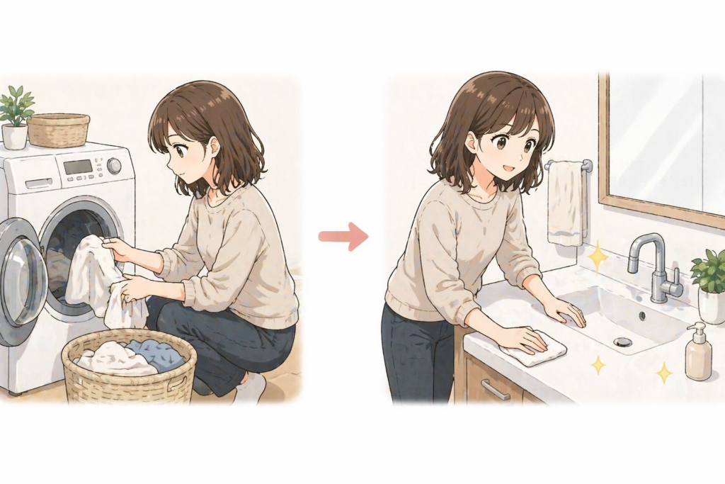 洗濯のついでに掃除する様子のイラスト