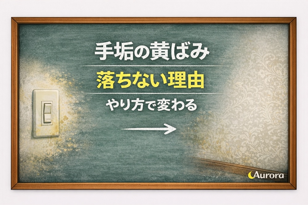 木枠付きの黒板を背景に、白いスイッチプレートと周囲の手垢汚れ（黄ばみ）を描いたアイキャッチ画像。「手垢はなぜ黄ばむのか」「原因は酸化？」「やり方で変わる」「壁紙・スイッチ」という白い文字が配置され、右下にAuroraロゴが入った実用的なデザイン。