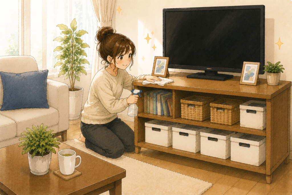 やる気が出た日に一気に片付けをして、スッキリした部屋を気持ちよく掃除している女性のイラスト