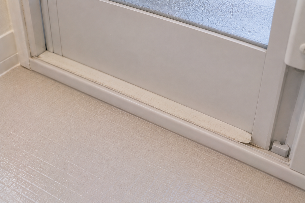 お風呂場のドア下の溝に貼った防水・抗菌マスキングテープの端が少し浮き、テープの縁にうっすら黒ずみが出始めている様子のイメージ画像