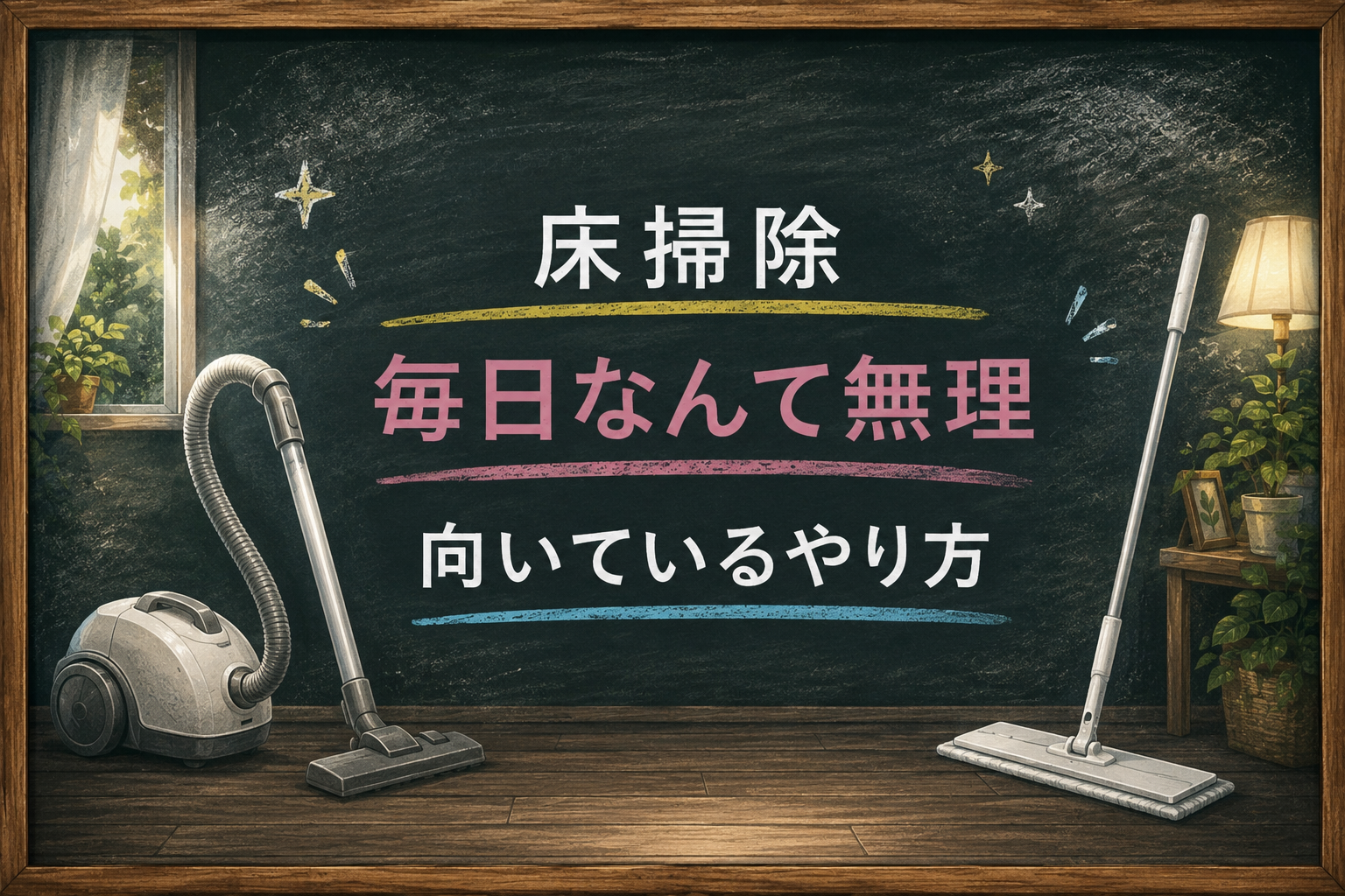 床掃除を毎日続けるのが難しい悩みと、自分に合った掃除方法を掃除機とフローリングワイパーのイラストで表した黒板テイストのアイキャッチ画像