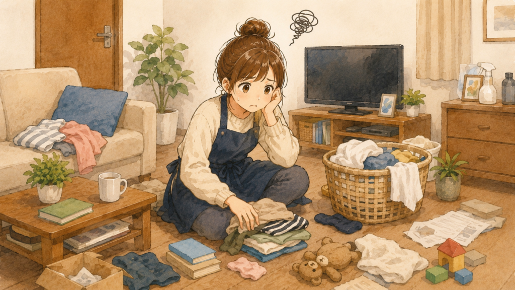 掃除前の片付けがしんどくて、どこから手をつければいいか迷っている女性のイラスト