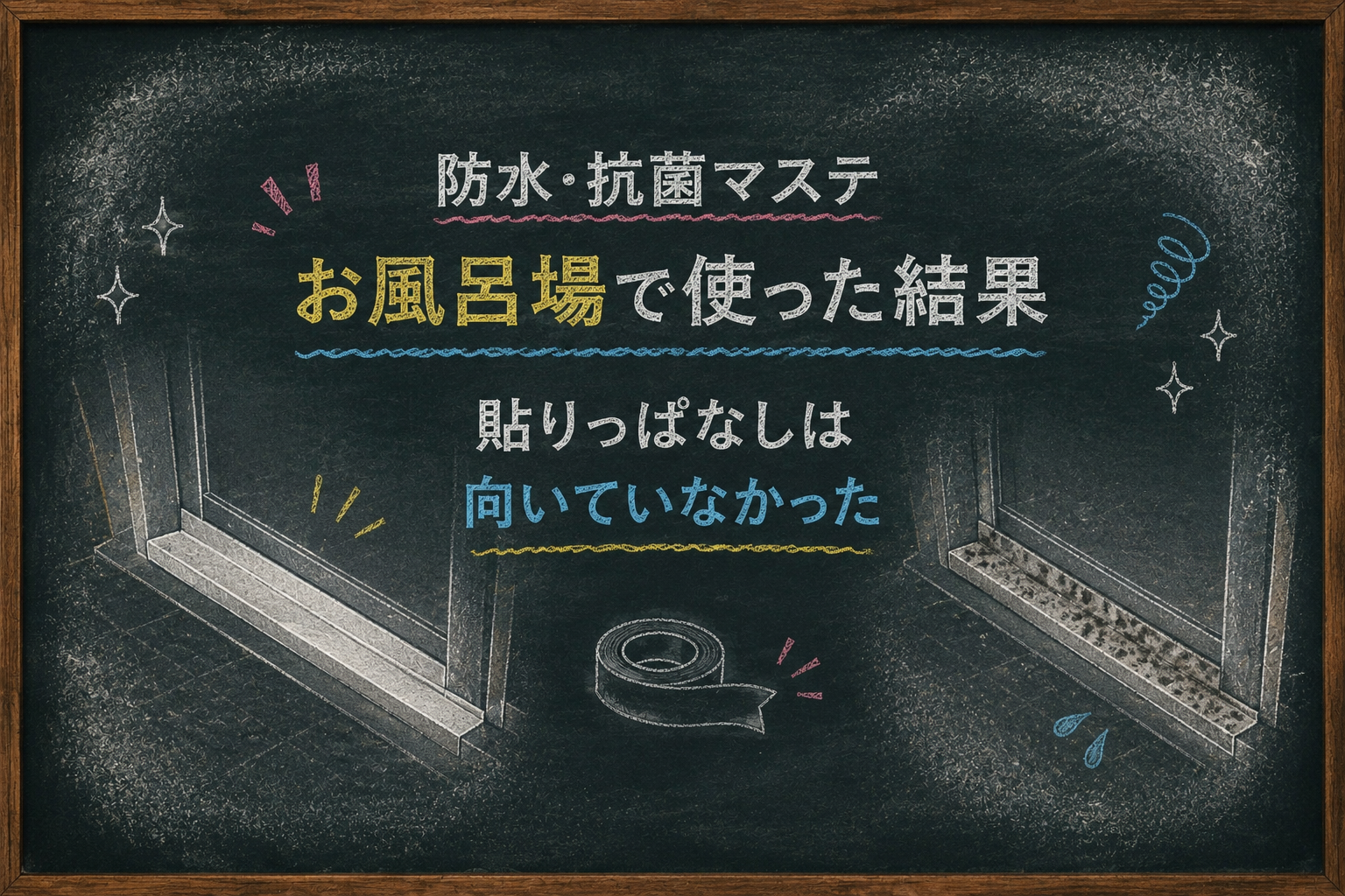 防水・抗菌マステをお風呂場のドア下の溝に貼った結果と、貼りっぱなしで汚れが付着した様子を比較した黒板テイストのアイキャッチ画像