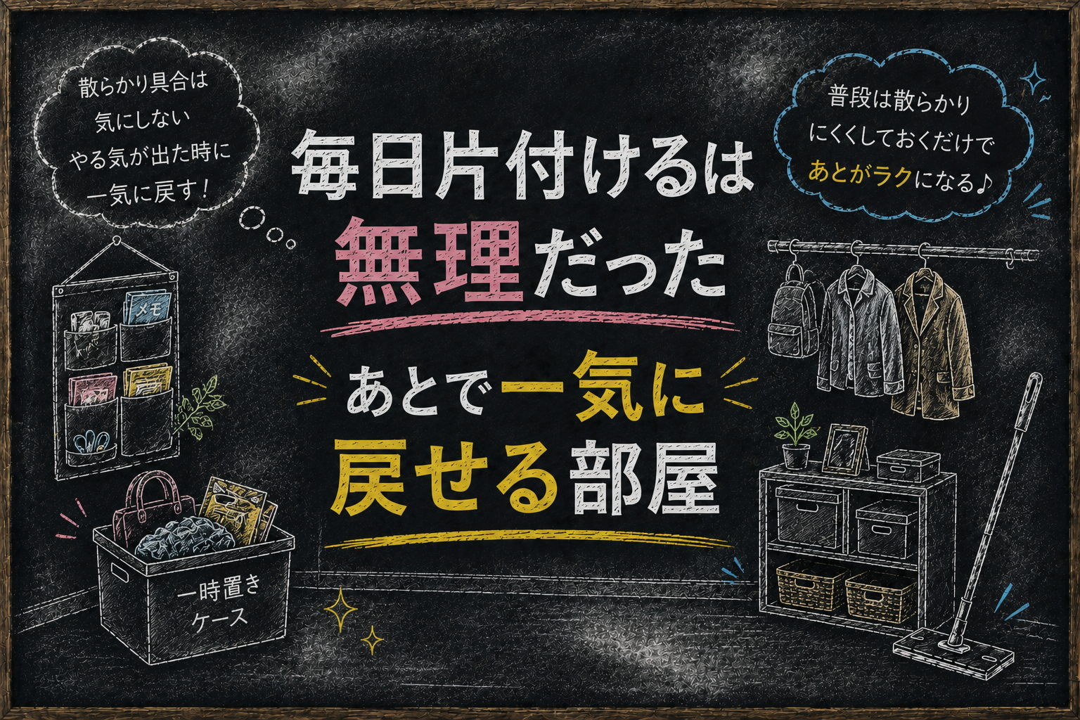 毎日片付けるのが難しい悩みと、あとで一気に戻せる部屋づくりの工夫をチョーク風イラストで表した黒板テイストのアイキャッチ画像