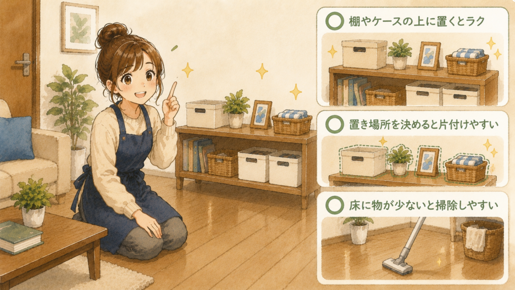 床に物を置かず、棚やケースを使って片付けやすくしている部屋の工夫を描いたイラスト