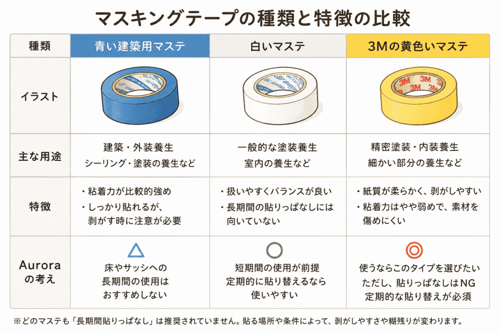 青い建築用マスキングテープ、白いマスキングテープ、3Mの黄色いマスキングテープを、用途・特徴・Auroraでのおすすめ度で比較した一覧表のイラスト。長期間の貼りっぱなしはどの種類も推奨されないこともまとめている。
