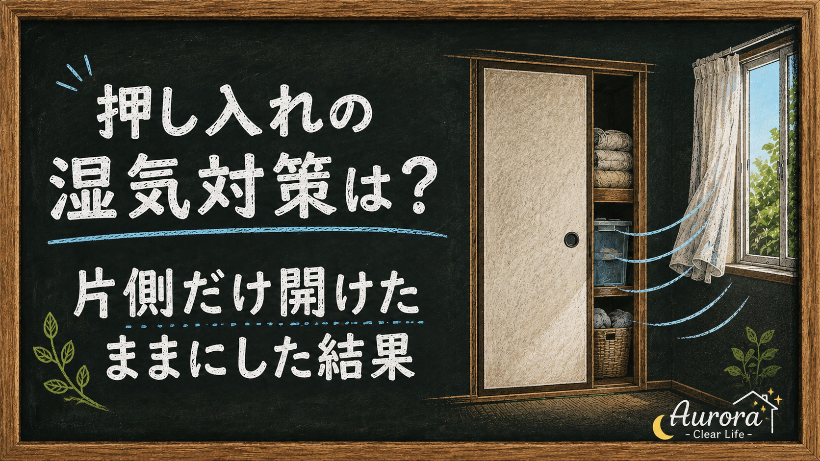押し入れの湿気対策として襖を片側だけ開け、窓から風を通して換気している様子を描いた黒板風アイキャッチ
