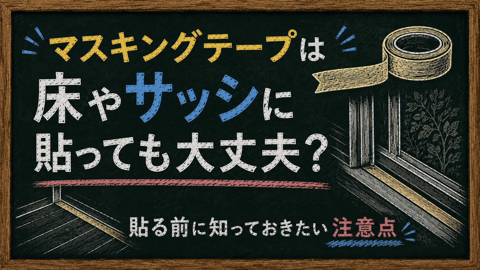 床やサッシに貼ったマスキングテープの注意点を、床・サッシ・マスキングテープをチョーク風イラストで表現した黒板デザインのアイキャッチ