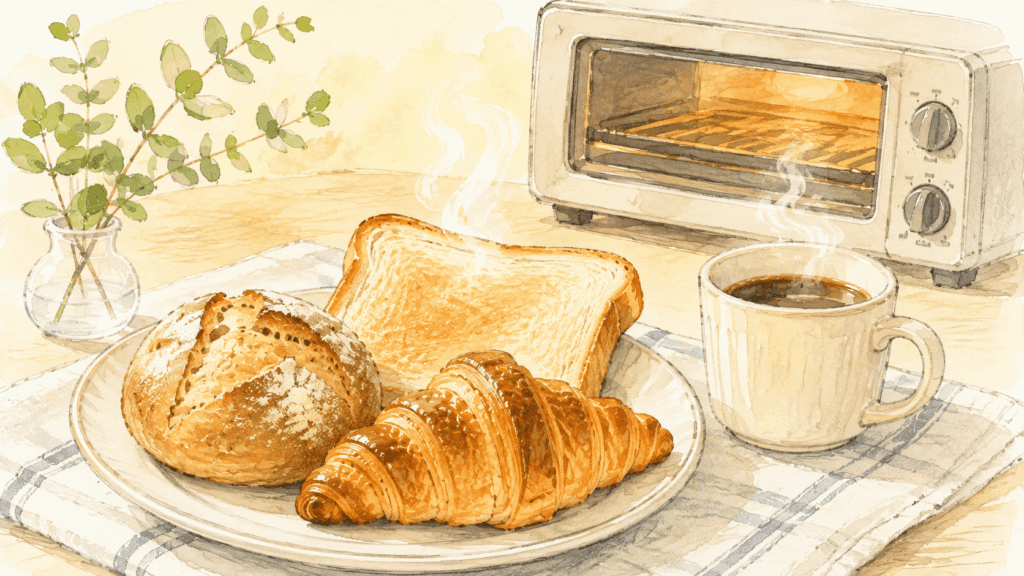トースターを背景に、クロワッサンや食パン、ハード系パンを皿に盛り付けた手書き風のイラスト。コーヒーと植物を添えた朝の食卓。